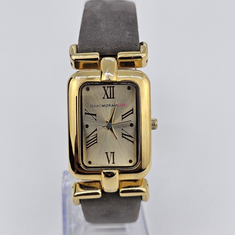 Issac Mizrahi Live Watch Women 24MM Gold Dial Gray Leather Bands New Battery